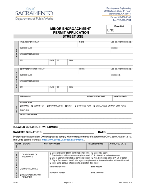 Form DE-302 Minor Encroachment Permit Application - Street Use - City of Sacramento, California