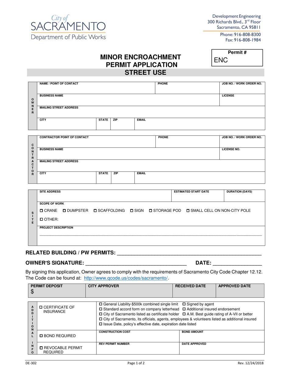 Form DE-302 Minor Encroachment Permit Application - Street Use - City of Sacramento, California, Page 1