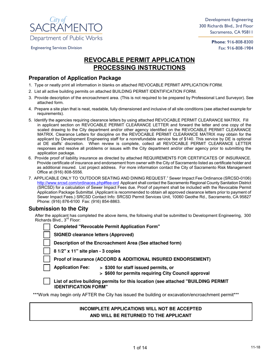 Revocable Permit Application and Permit Form - City of Sacramento, California, Page 1