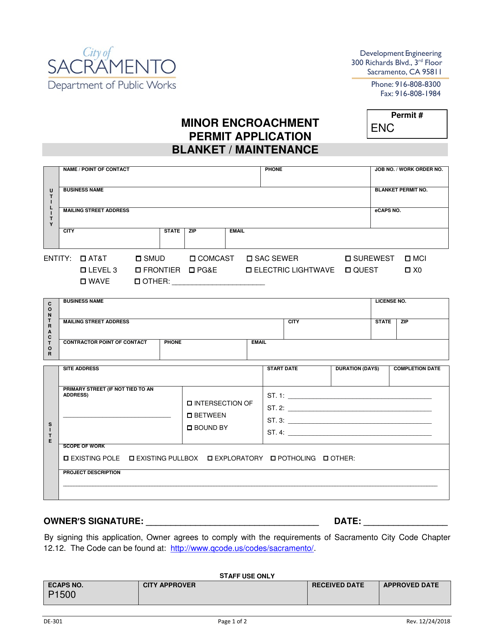 Form DE-301  Printable Pdf