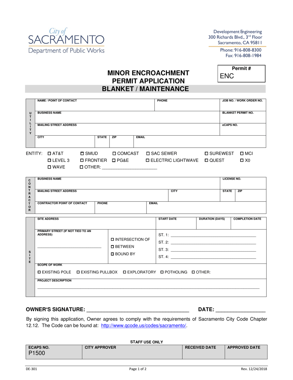 Form DE301 Fill Out, Sign Online and Download Fillable PDF, City of