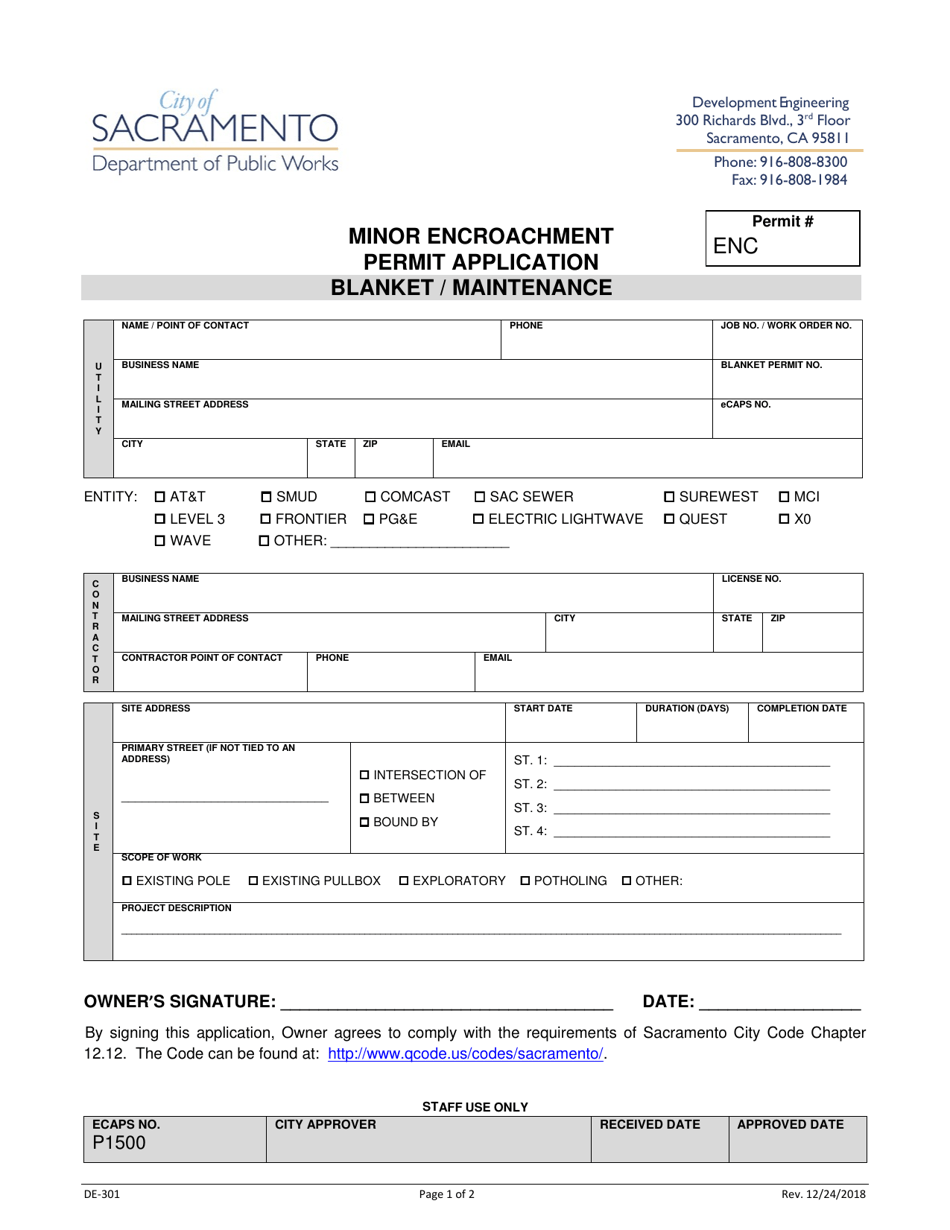 Form DE-301 Blanket / Maintenance Encroachment Permit Application - City of Sacramento, California, Page 1