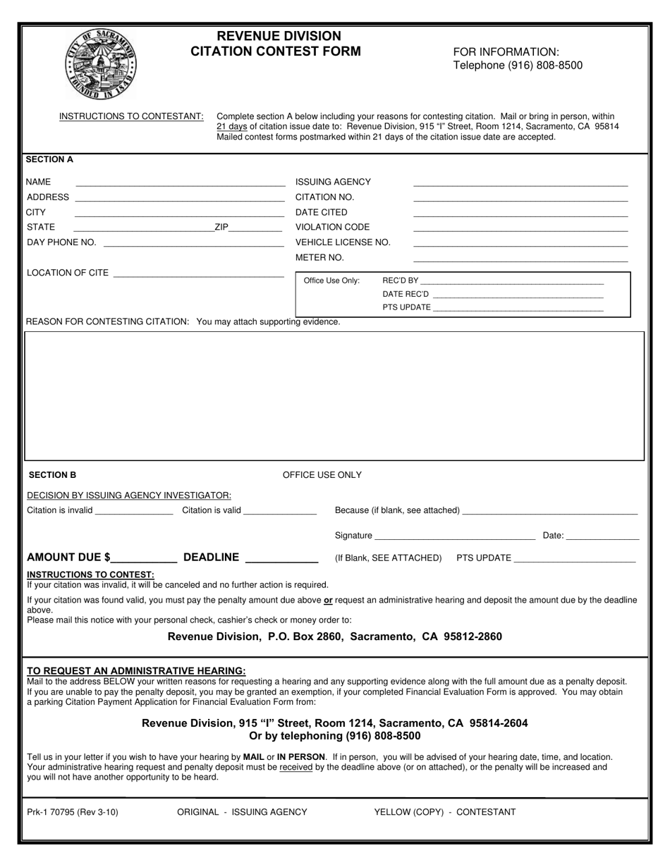 Form Prk-1 Citation Contest Form - City of Sacramento, California, Page 1
