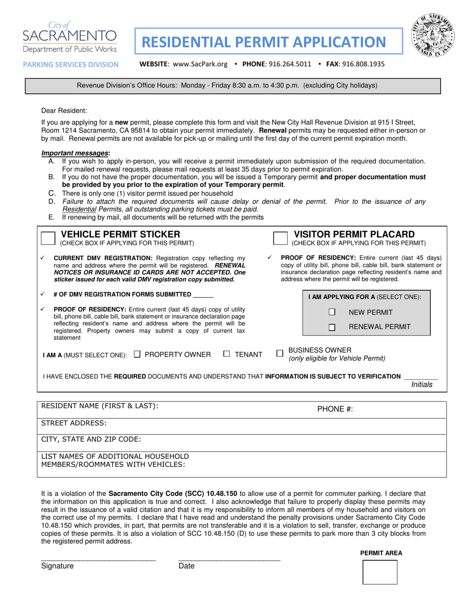 Residential Parking Permit Application - City of Sacramento, California, Page 1