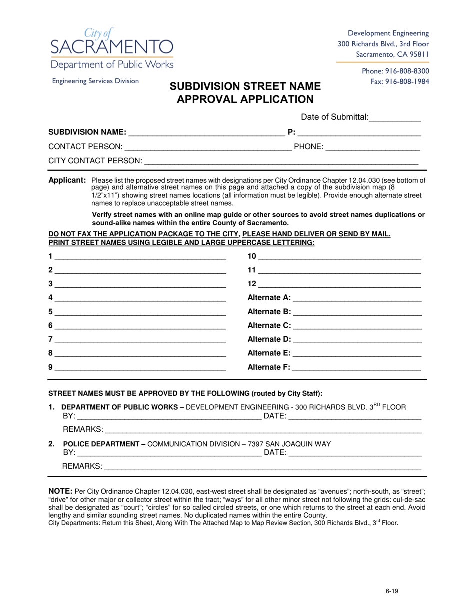 Subdivision Street Name Approval Application - City of Sacramento, California, Page 1