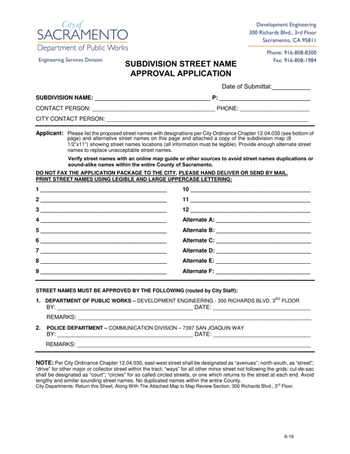 Subdivision Street Name Approval Application - City of Sacramento, California Download Pdf