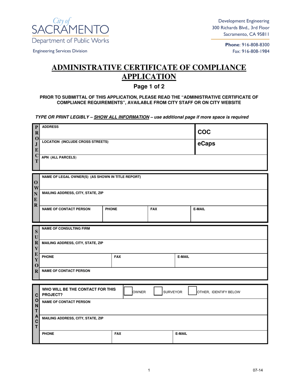 Administrative Certificate of Compliance Application - City of Sacramento, California, Page 1