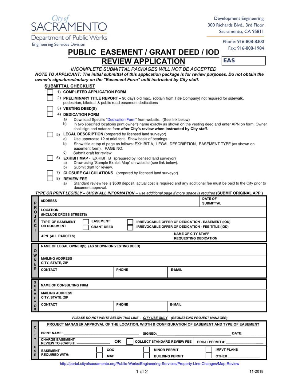 Public Easement / Grant Deed / Iod Review Application - City of Sacramento, California, Page 1