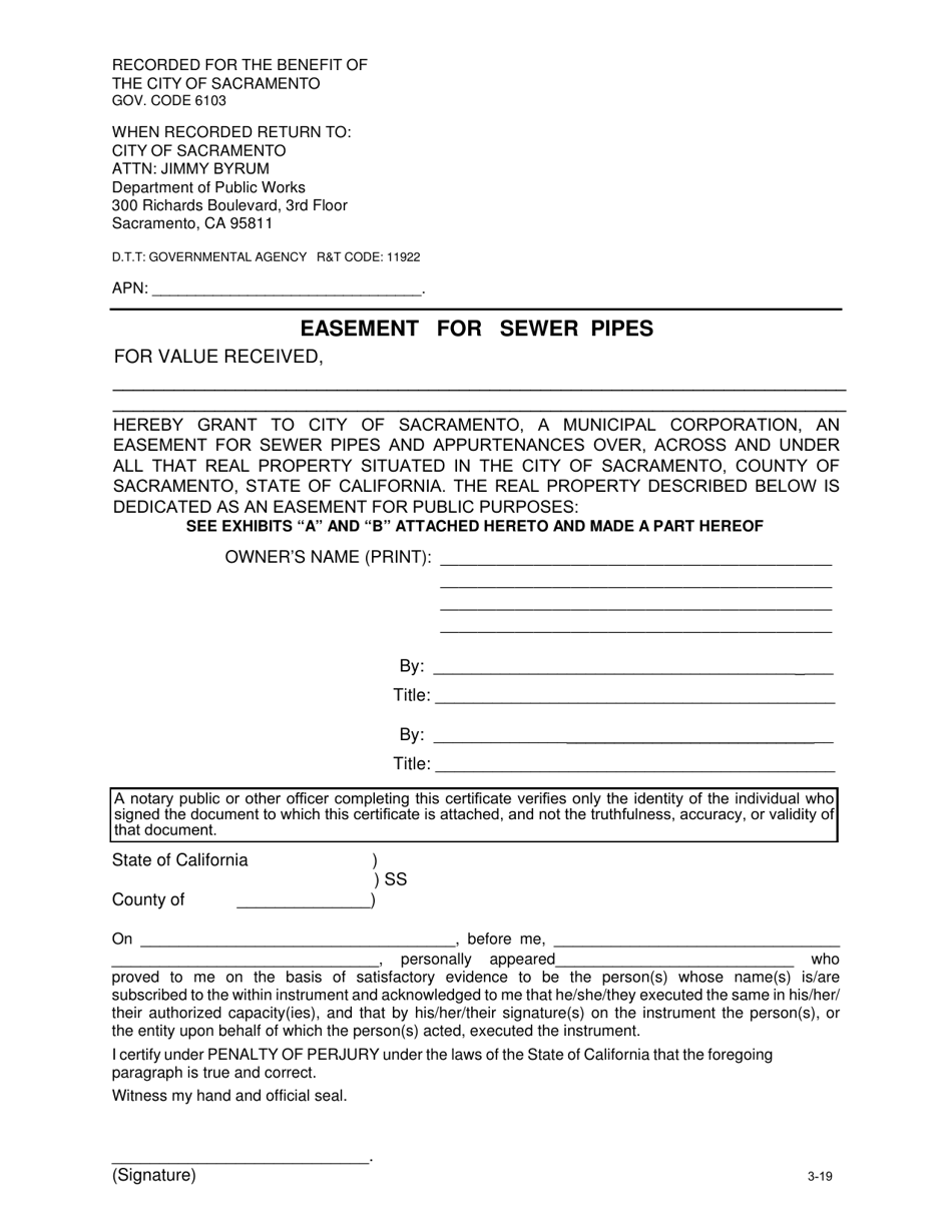 Easement for Sewer Pipes - City of Sacramento, California, Page 1