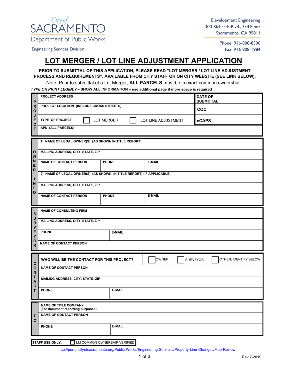 Lot Merger / Lot Line Adjustment Application - City of Sacramento, California, Page 1