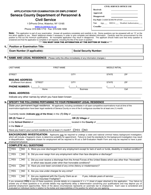 Application for Examination or Employment - Seneca County, New York Download Pdf