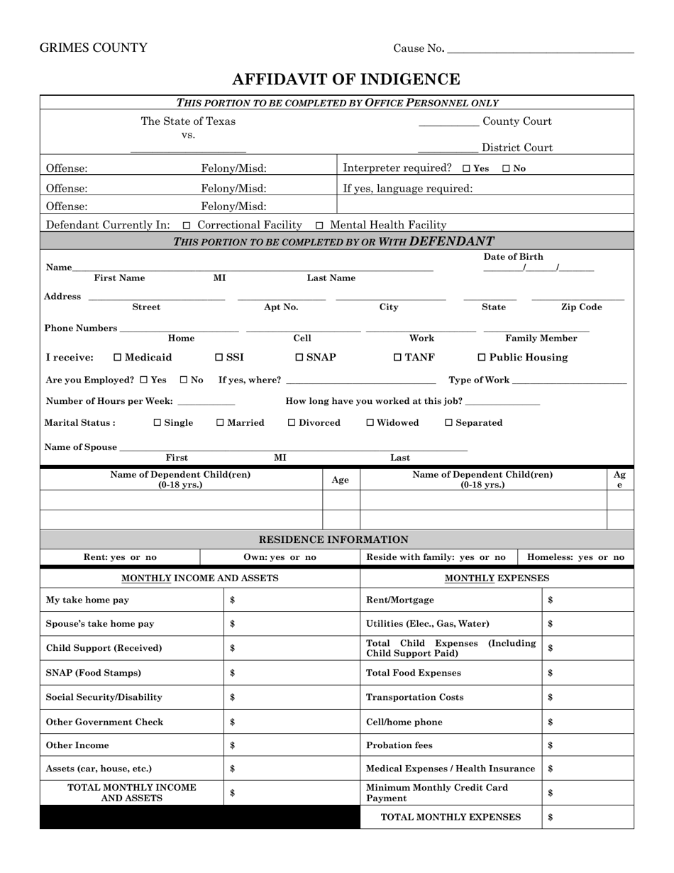 Grimes County, Texas Affidavit of Indigence - Fill Out, Sign Online and ...