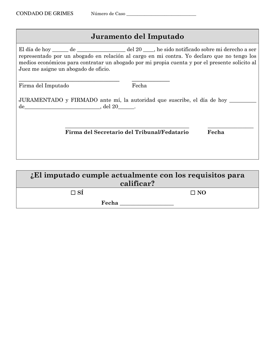 Declaracion Jurada Escrita De Indigencia - Grimes County, Texas (Spanish), Page 2