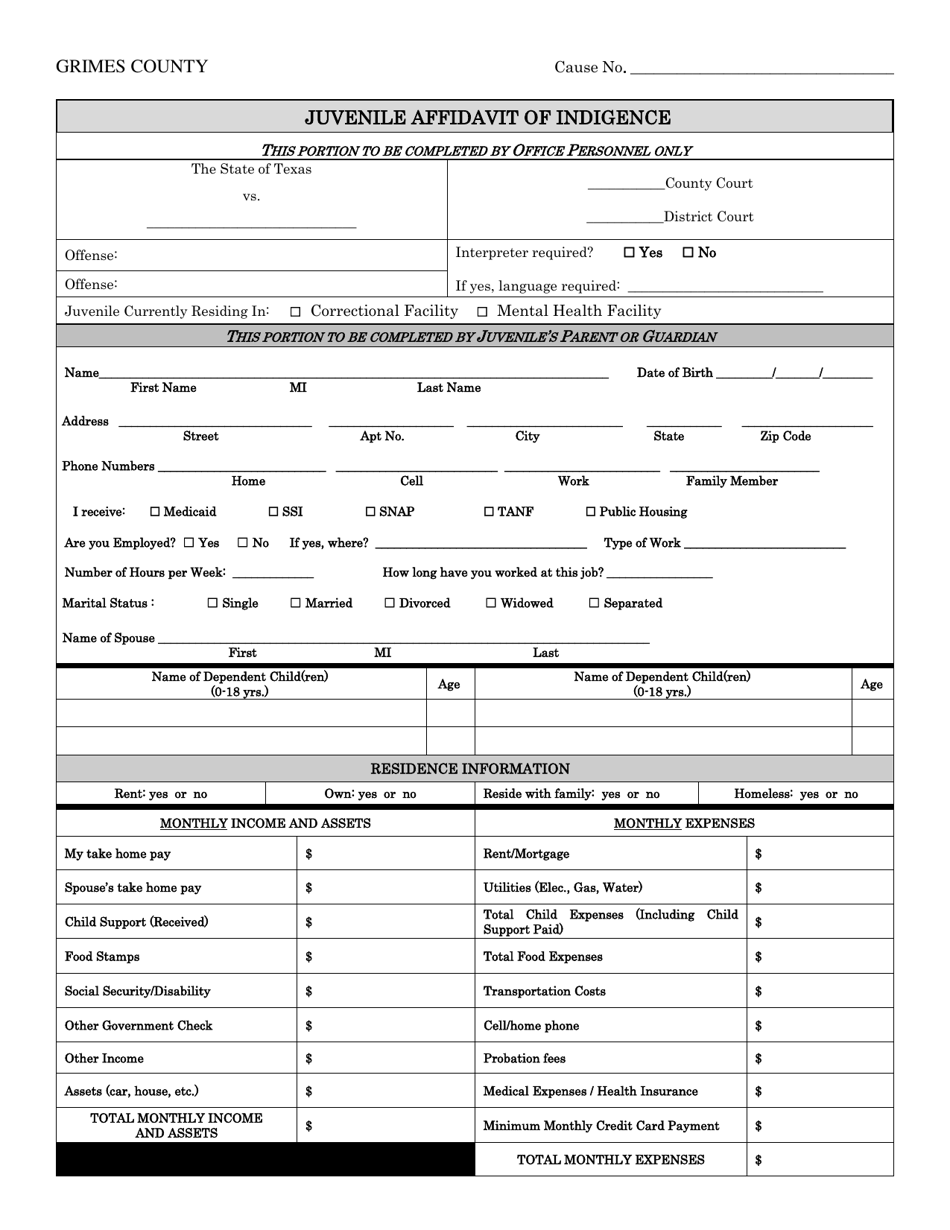 Grimes County, Texas Juvenile Affidavit of Indigence Download Printable ...