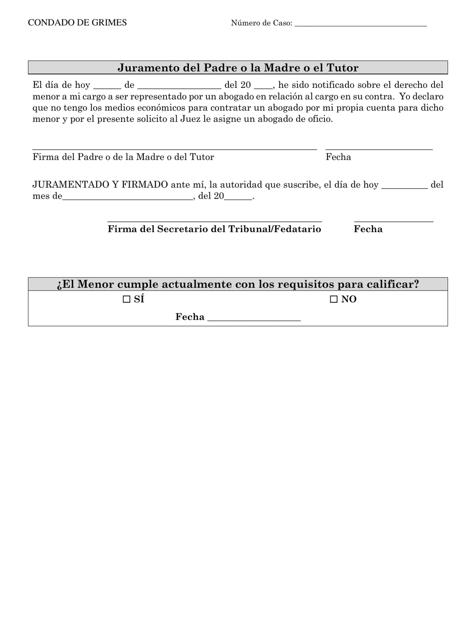 Declaracion Jurada Escrita De Indigencia Para Casos De Menores - Grimes County, Texas (Spanish), Page 2