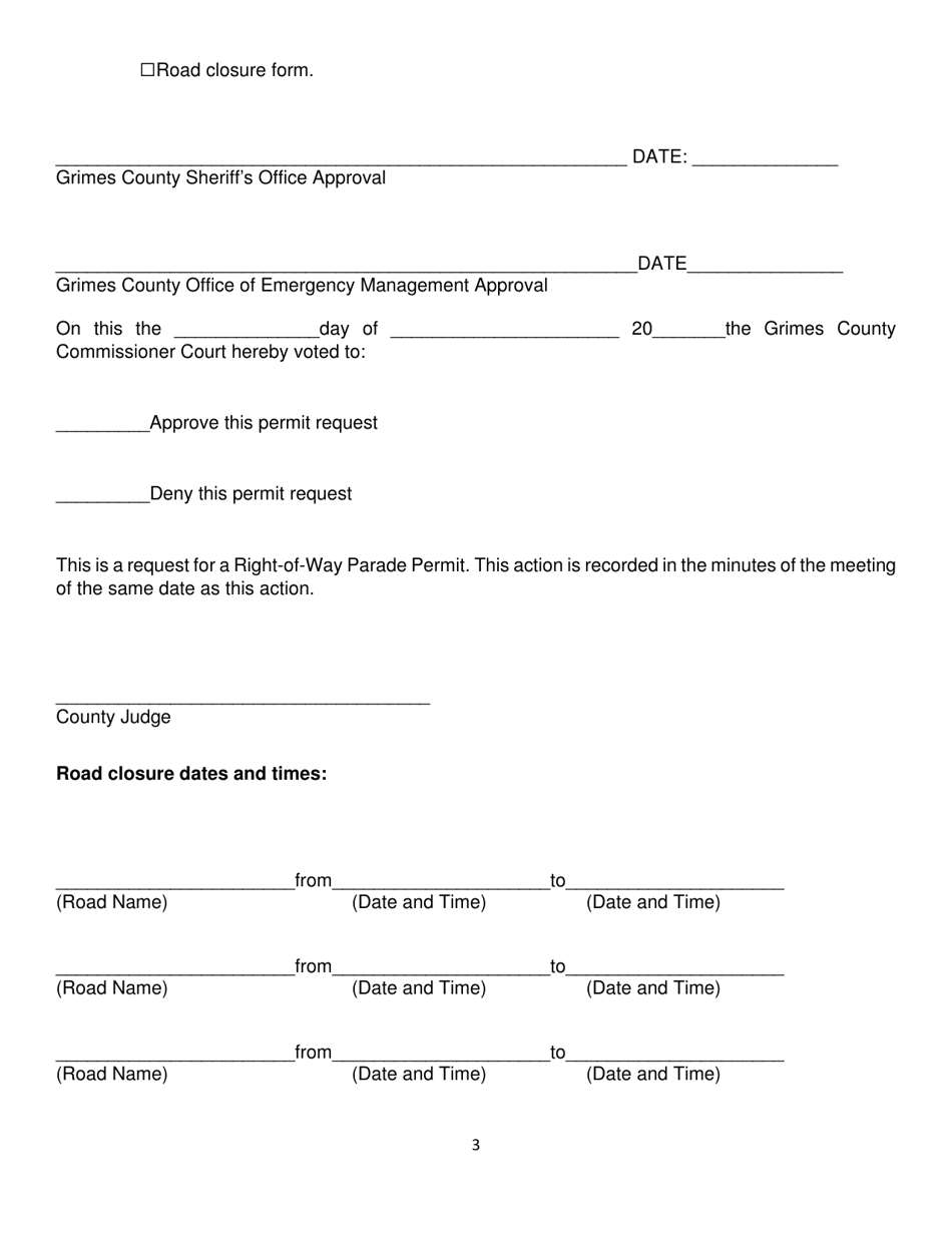 Right of Way Parade Permit Application - Grimes County, Texas, Page 3
