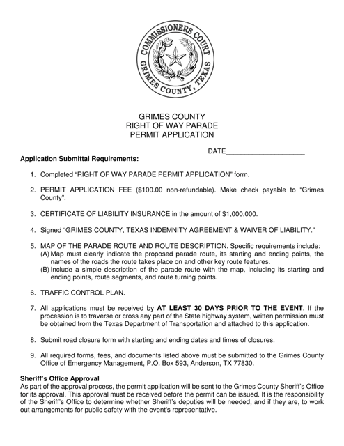 Right of Way Parade Permit Application - Grimes County, Texas Download Pdf