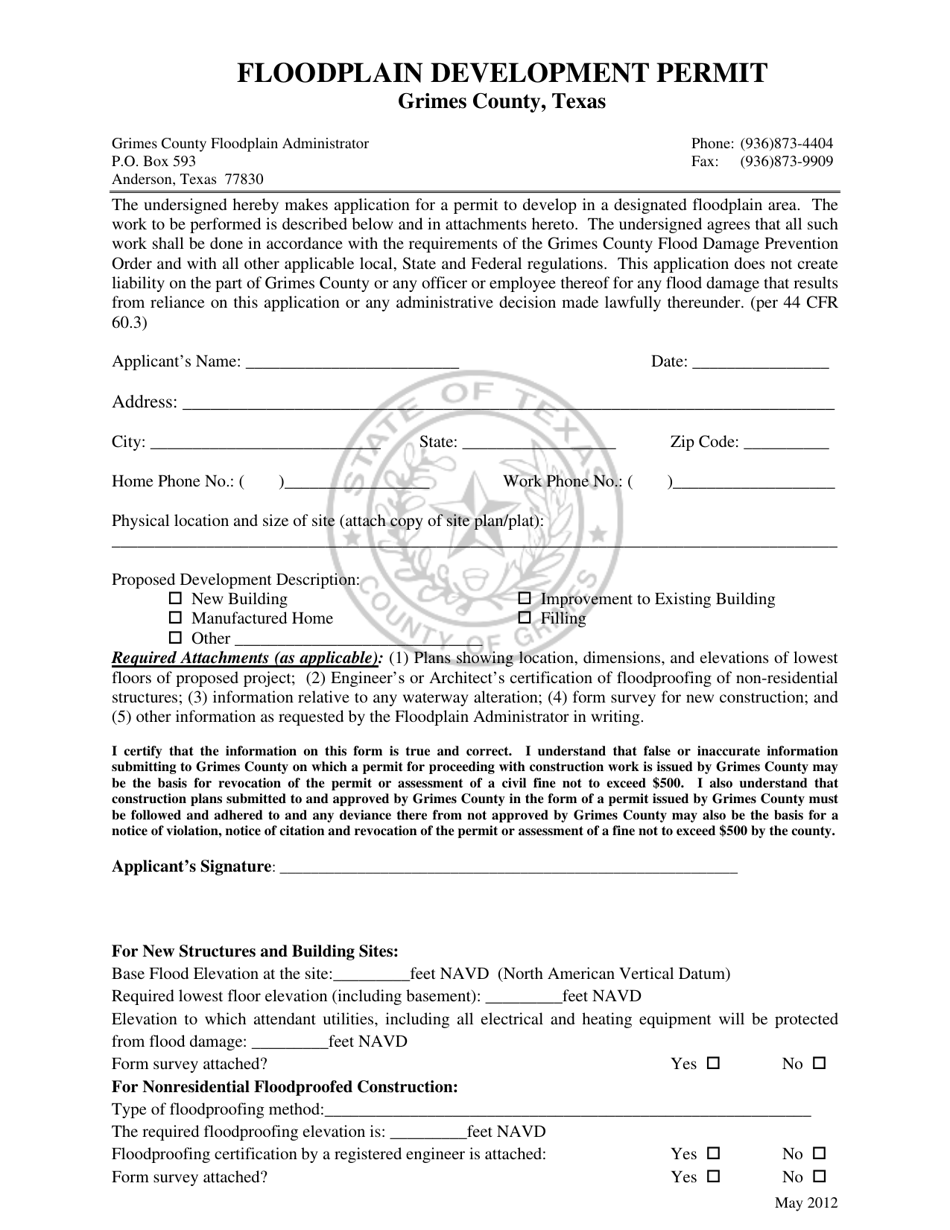 Grimes County, Texas Floodplain Development Permit Fill Out, Sign
