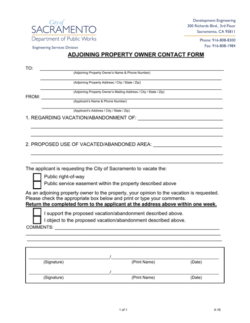 Adjoining Property Owner Contact Form - City of Sacramento, California