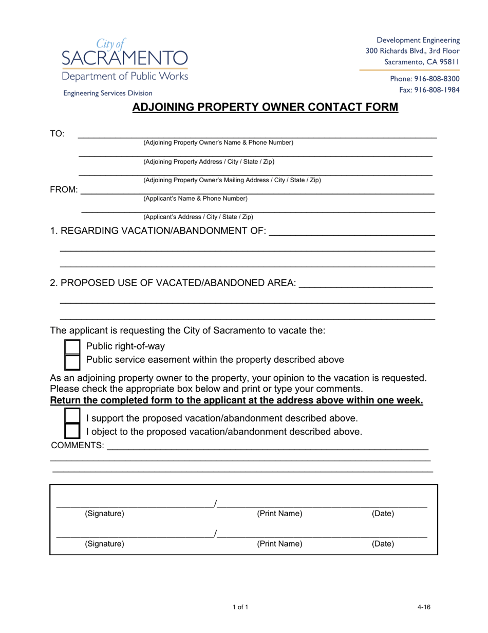 Adjoining Property Owner Contact Form - City of Sacramento, California, Page 1