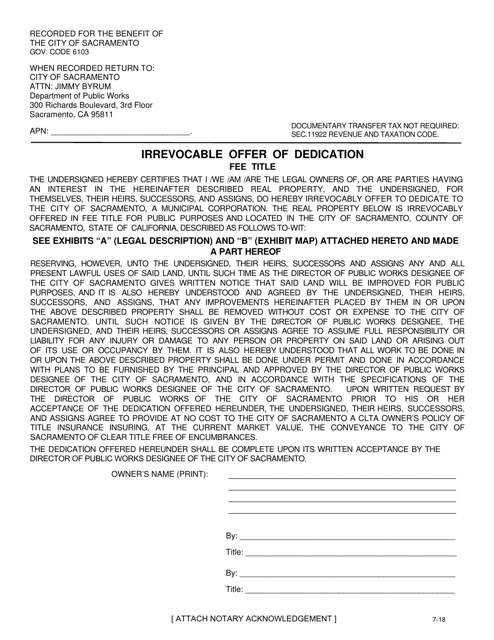 Irrevocable Offer to Dedicate Fee Title - City of Sacramento, California