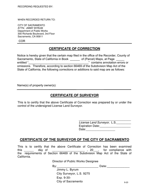 Certificate of Correction - City of Sacramento, California