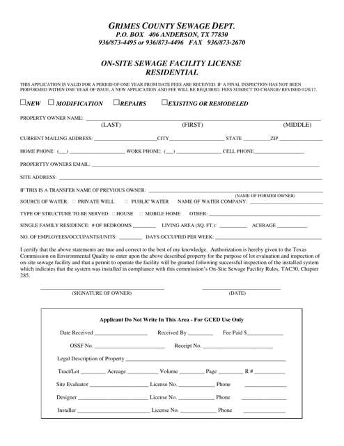 On-Site Sewage Facility License - Residential - Grimes County, Texas Download Pdf