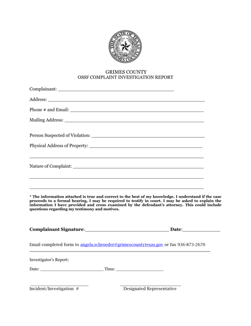 Ossf Complaint Investigation Report - Grimes County, Texas Download Pdf