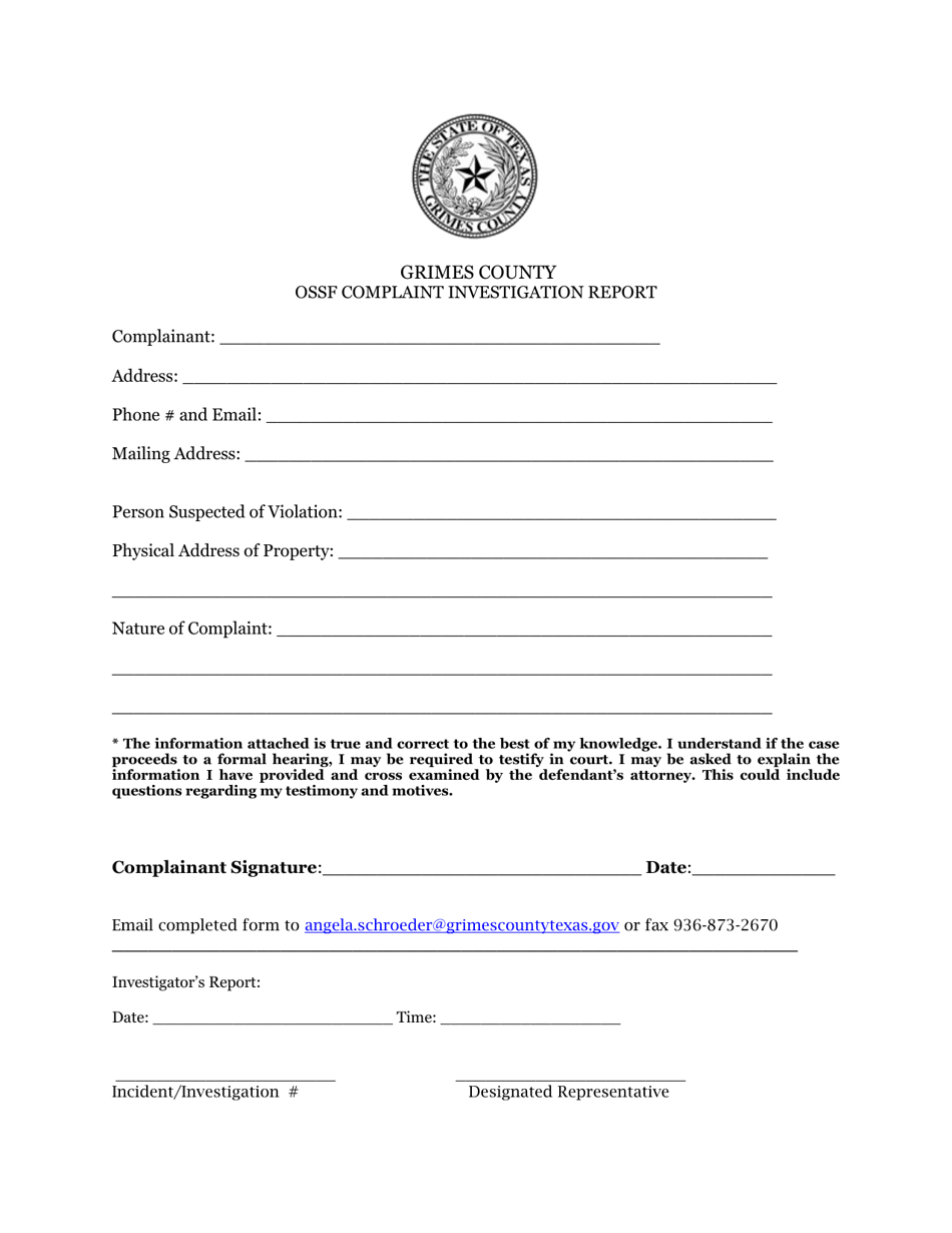 Ossf Complaint Investigation Report - Grimes County, Texas, Page 1