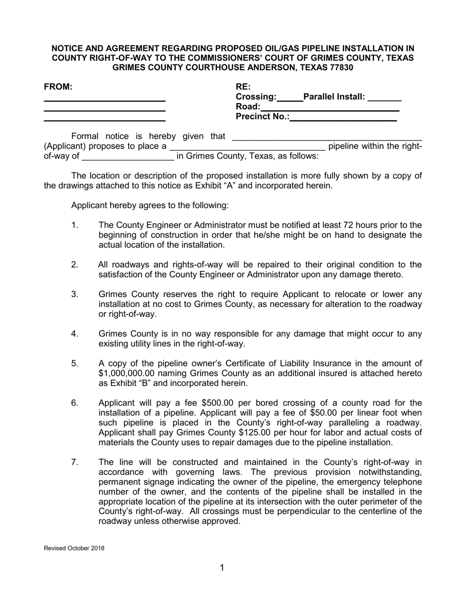 Notice and Agreement Regarding Proposed Oil / Gas Pipeline Installation in County Right-Of-Way - Grimes County, Texas, Page 1