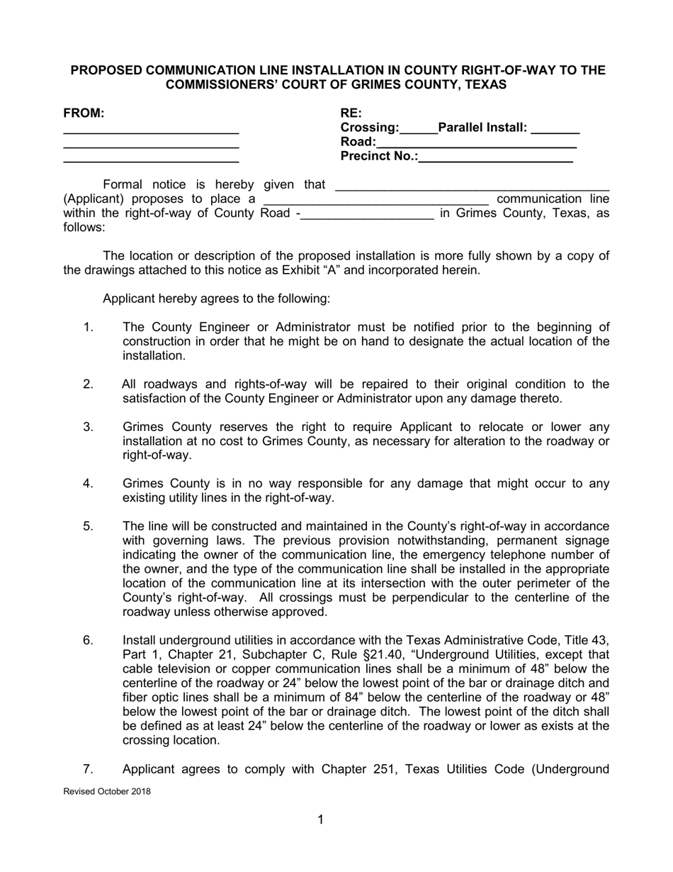 Proposed Communication Line Installation in County Right-Of-Way - Grimes County, Texas, Page 1