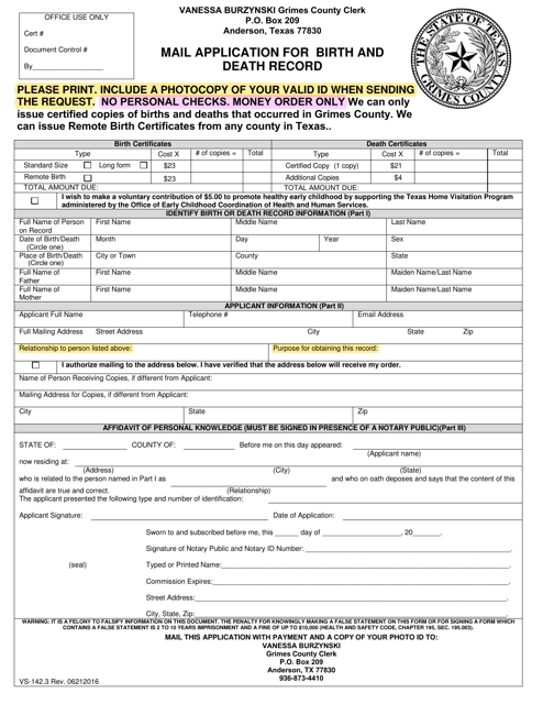Form VS-142.3 Mail Application for Birth and Death Record - Grimes County, Texas