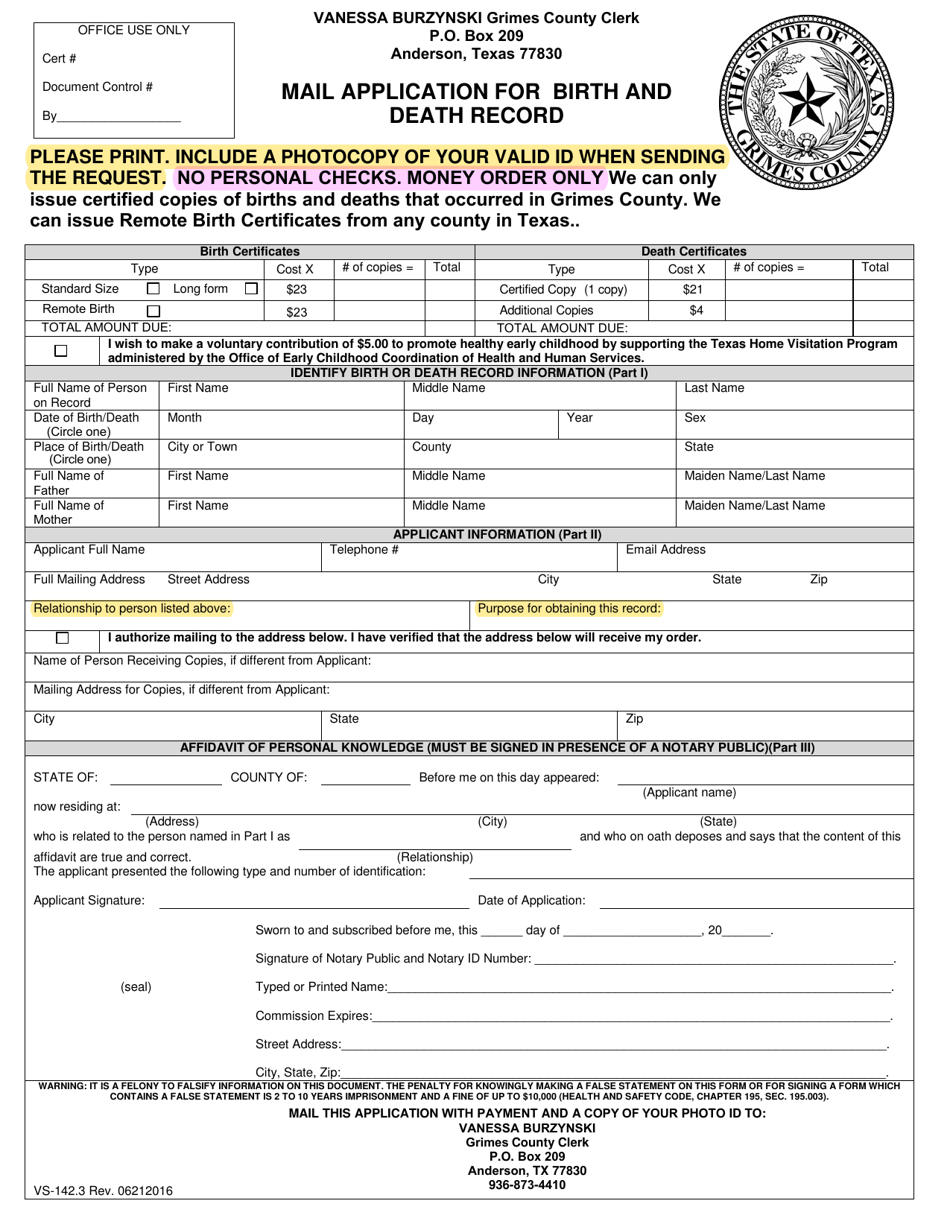 Form VS-142.3 Mail Application for Birth and Death Record - Grimes County, Texas, Page 1