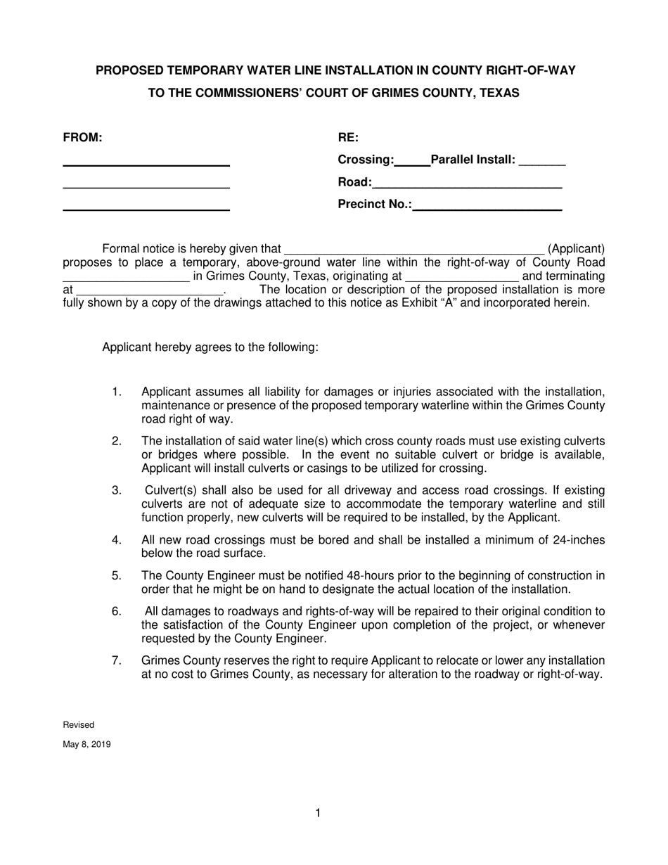 Proposed Temporary Water Line Installation in County Right-Of-Way - Grimes County, Texas, Page 1