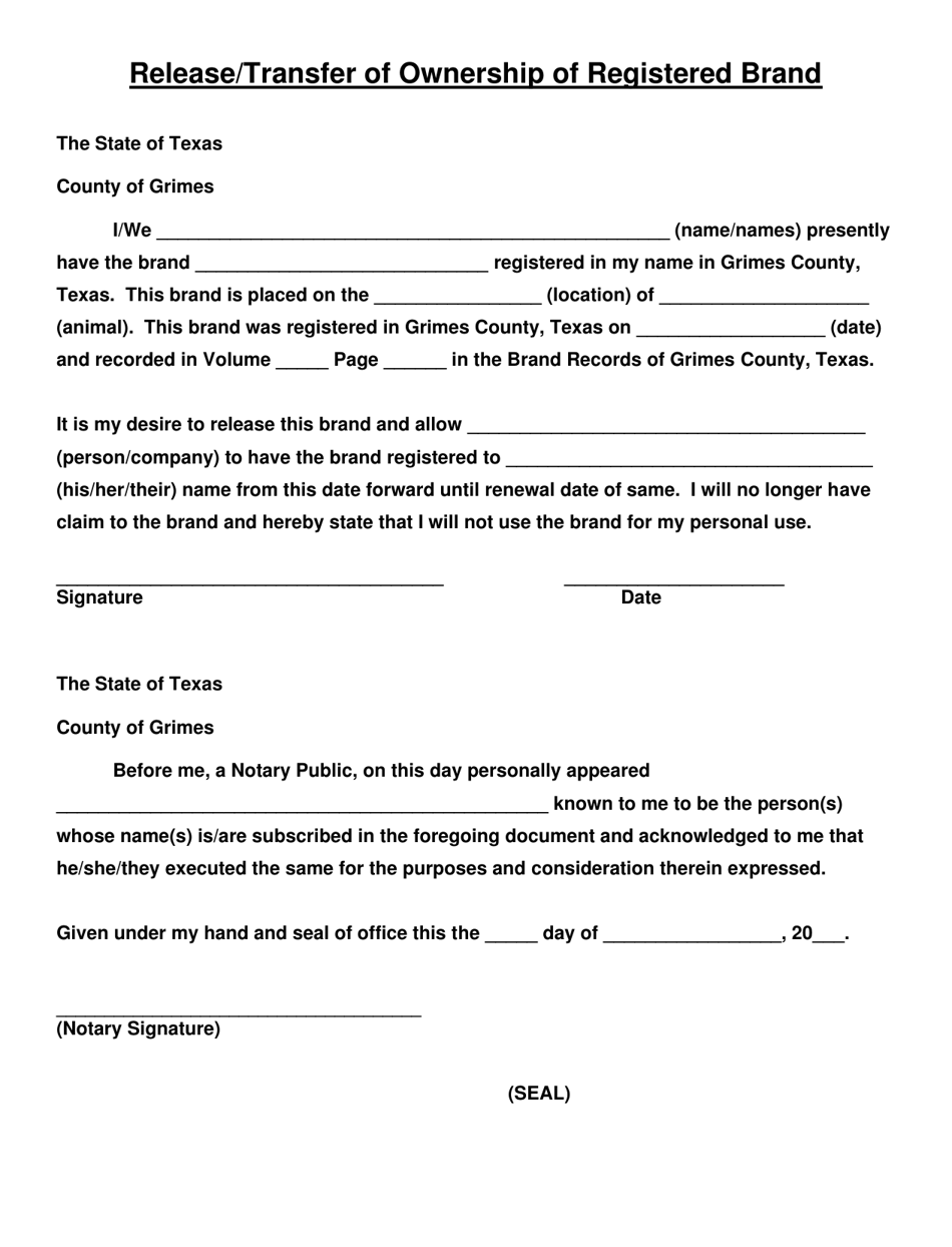 Release / Transfer of Ownership of Registered Brand - Grimes County, Texas, Page 1