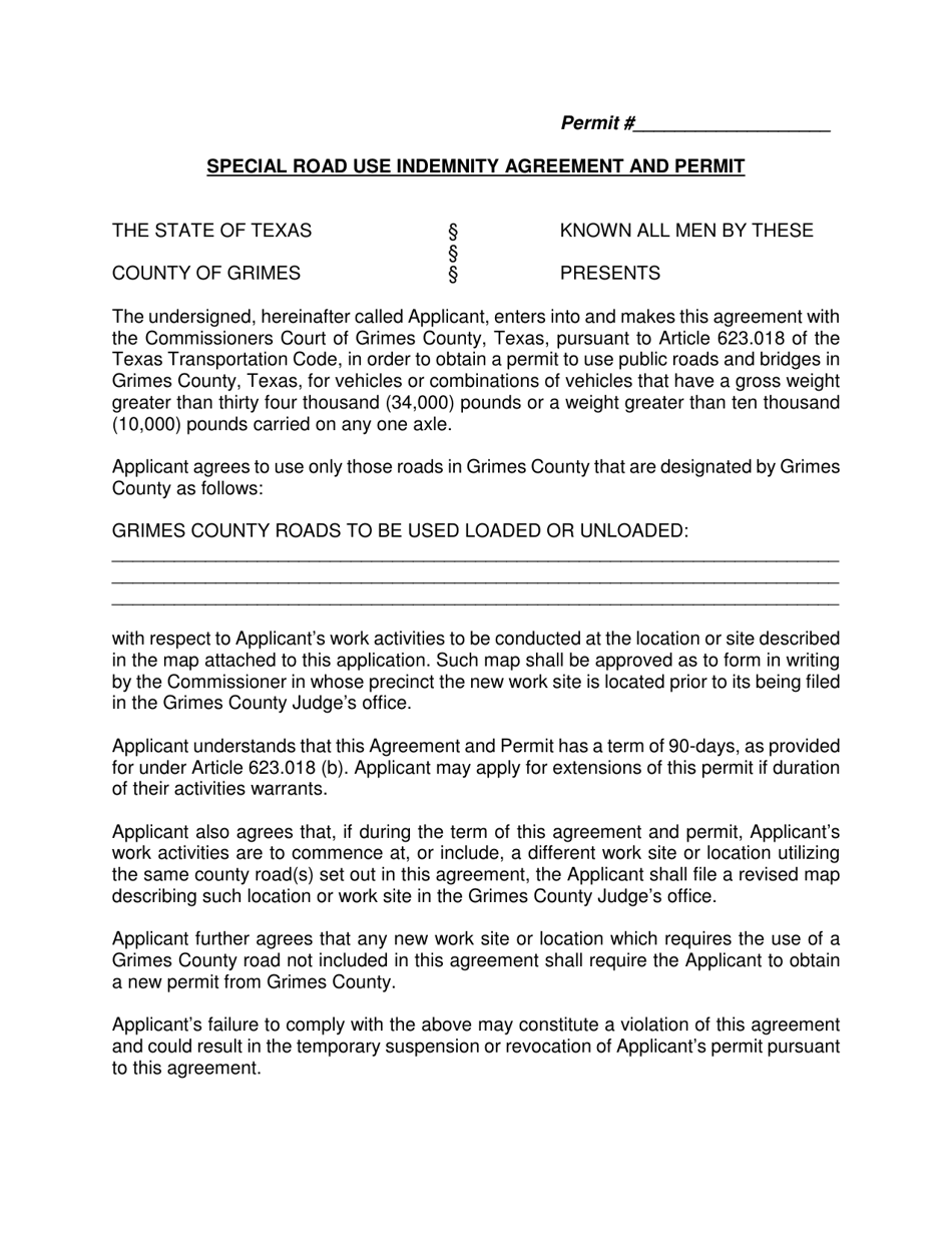 Special Road Use Indemnity Agreement and Permit - Grimes County, Texas, Page 1