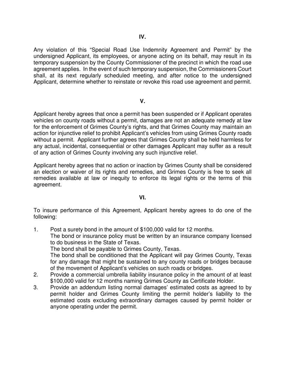 Special Road Use Indemnity Agreement and Permit - Grimes County, Texas, Page 3