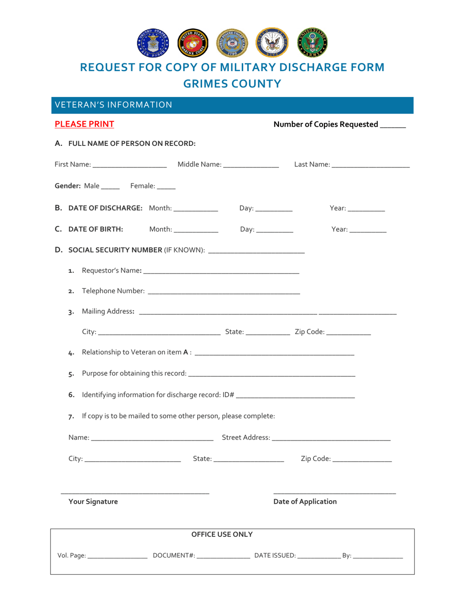 Request for Copy of Military Discharge Form - Grimes County, Texas, Page 1
