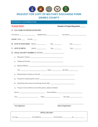 Document preview: Request for Copy of Military Discharge Form - Grimes County, Texas
