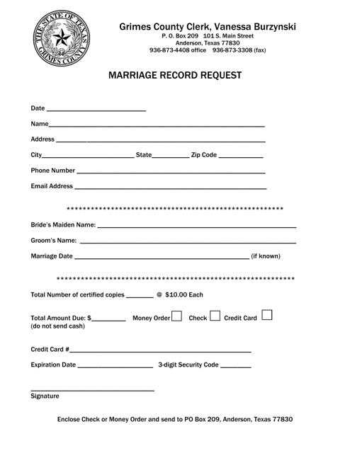 Marriage Record Request - Grimes County, Texas Download Pdf