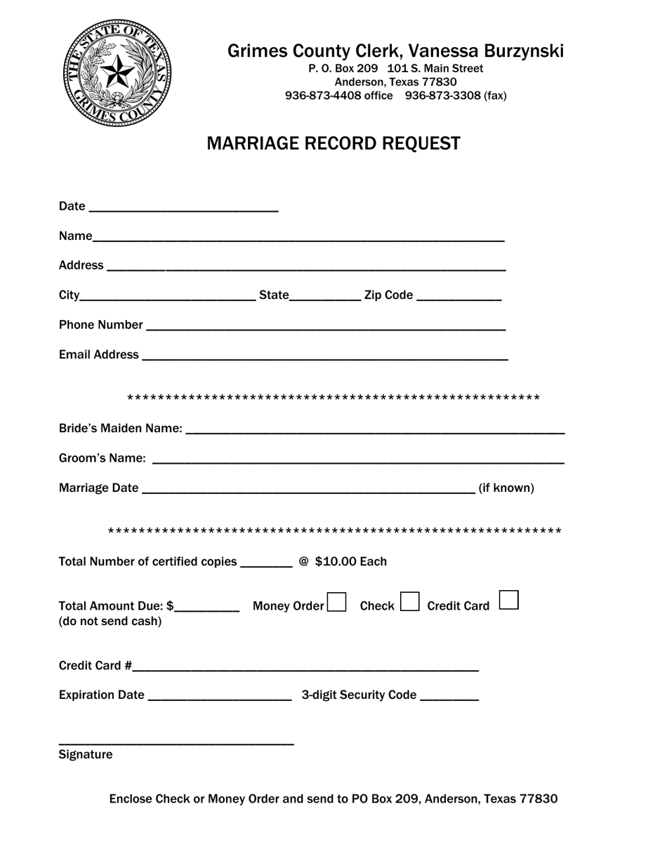 Marriage Record Request - Grimes County, Texas, Page 1