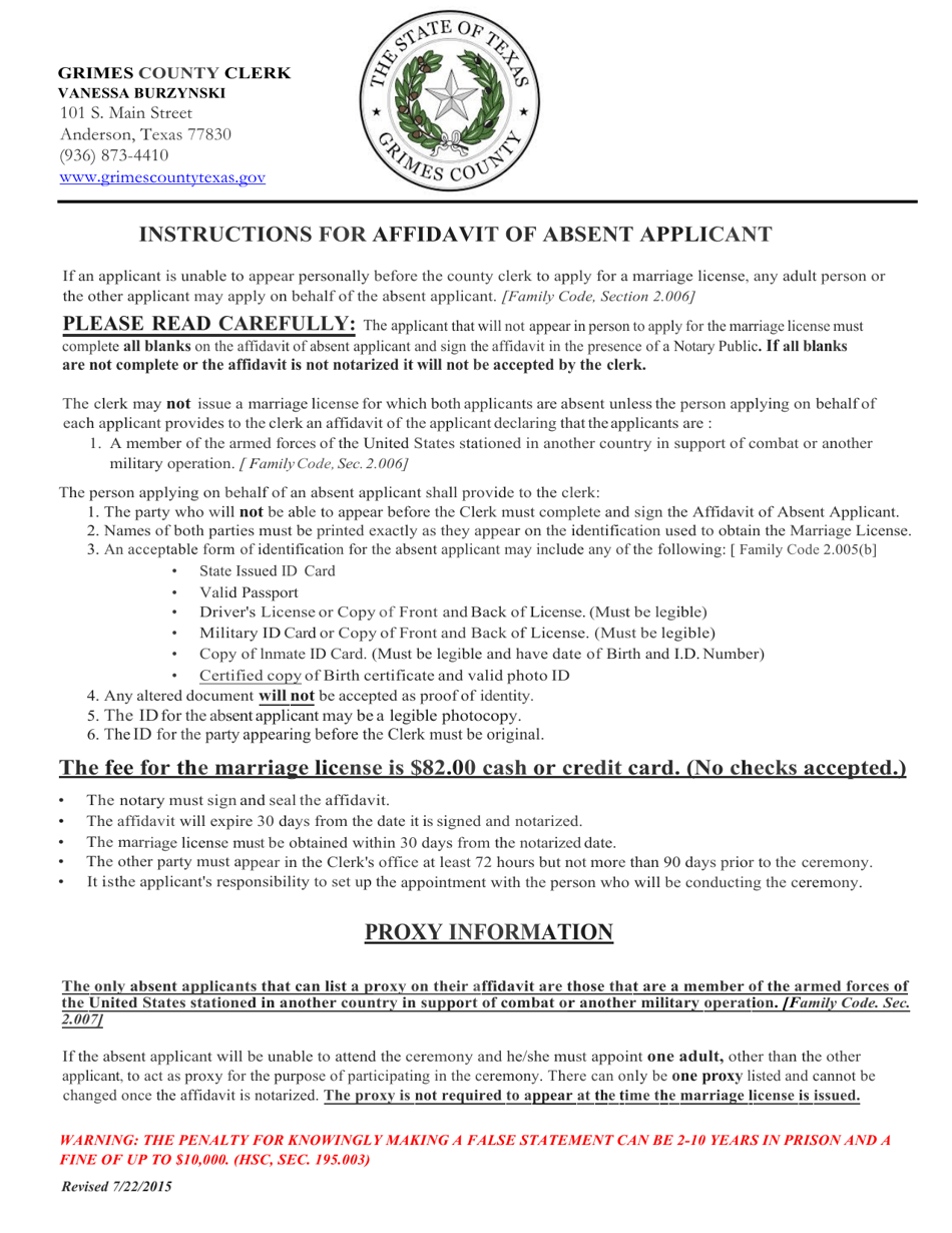 Form D-02-41 Affidavit of Absent Applicant on Application for Marriage License - Grimes County, Texas, Page 1