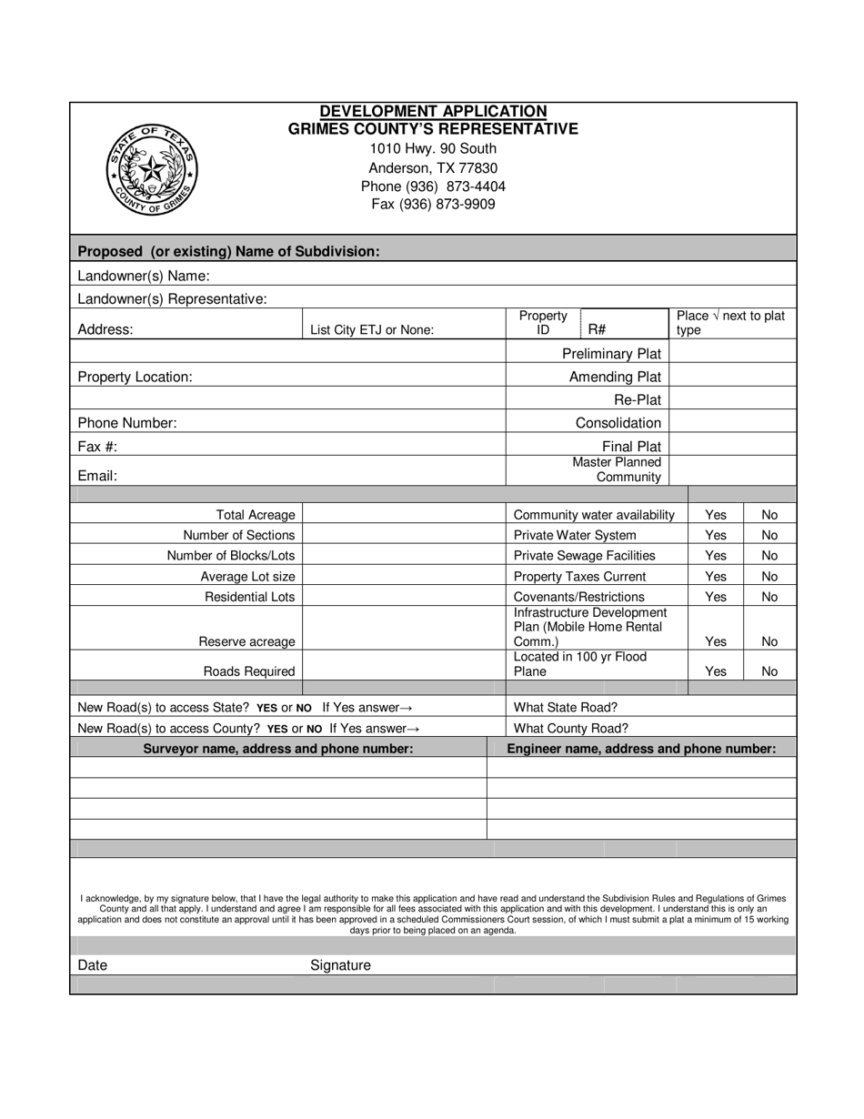 Grimes County, Texas Subdivision Development Application Fill Out