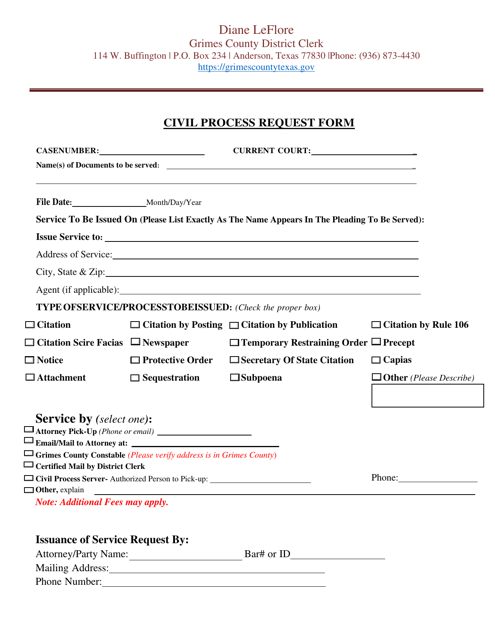 Civil Process Request Form - Grimes County, Texas Download Pdf