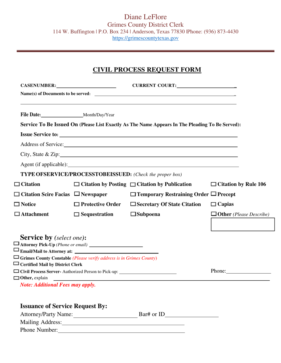 Civil Process Request Form - Grimes County, Texas, Page 1