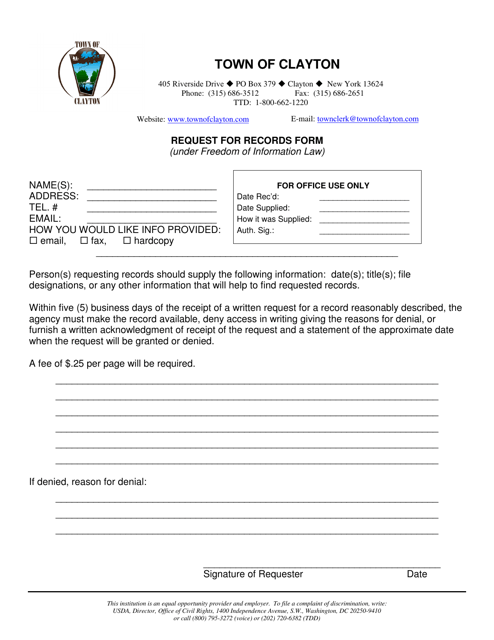 Foil Request for Records Form - Town of Clayton, New York Download Pdf