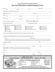 Document preview: Application for Copy of Birth Record - Town of Clayton, New York