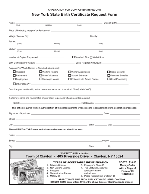 Application for Copy of Birth Record - Town of Clayton, New York Download Pdf