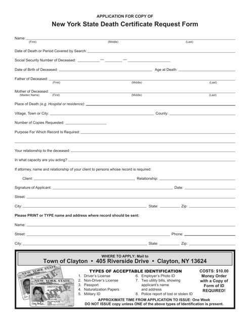 Application for Copy of New York State Death Certificate Request Form - Town of Clayton, New York Download Pdf