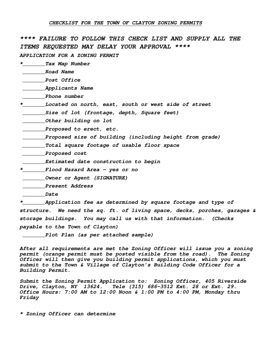 Checklist for the Town of Clayton Zoning Permits - Town of Clayton, New York, Page 1
